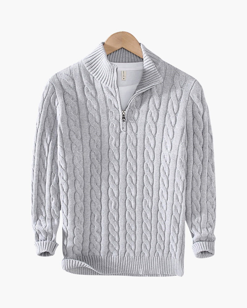 Hunter | Conjunto de 3 piezas Gris con patrón de trenzado, pulóver con media cremallera, pantalón y mocasines de ante