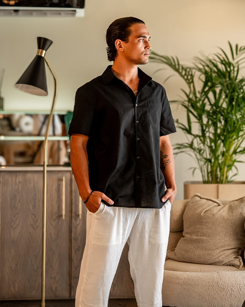 Isaiah | Camisa de lino de manga corta para hombres con bolsillo en el pecho