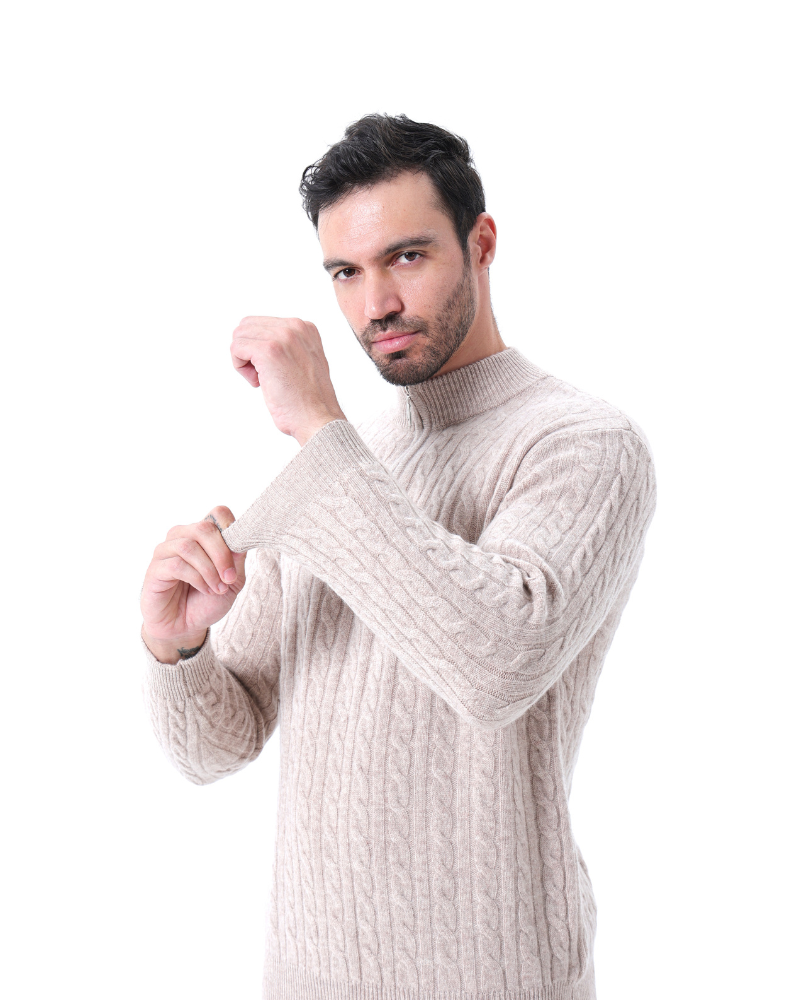 Roman | Suéter de punto grueso para hombres de cachemira con patrón de trenzado y cuello con media cremallera