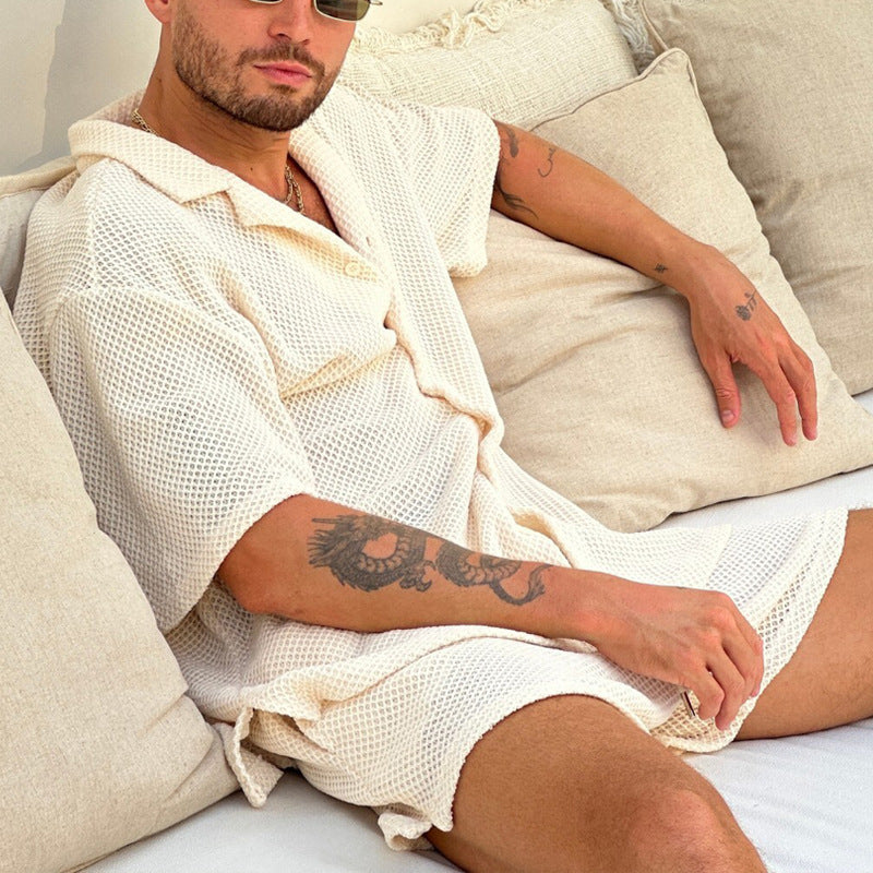 Conjunto informal para hombres de punto waffle | Camisa y pantalones cortos
