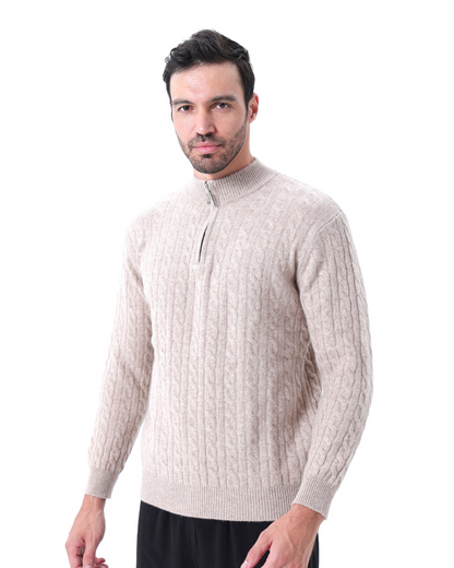Roman | Suéter de punto grueso para hombres de cachemira con patrón de trenzado y cuello con media cremallera