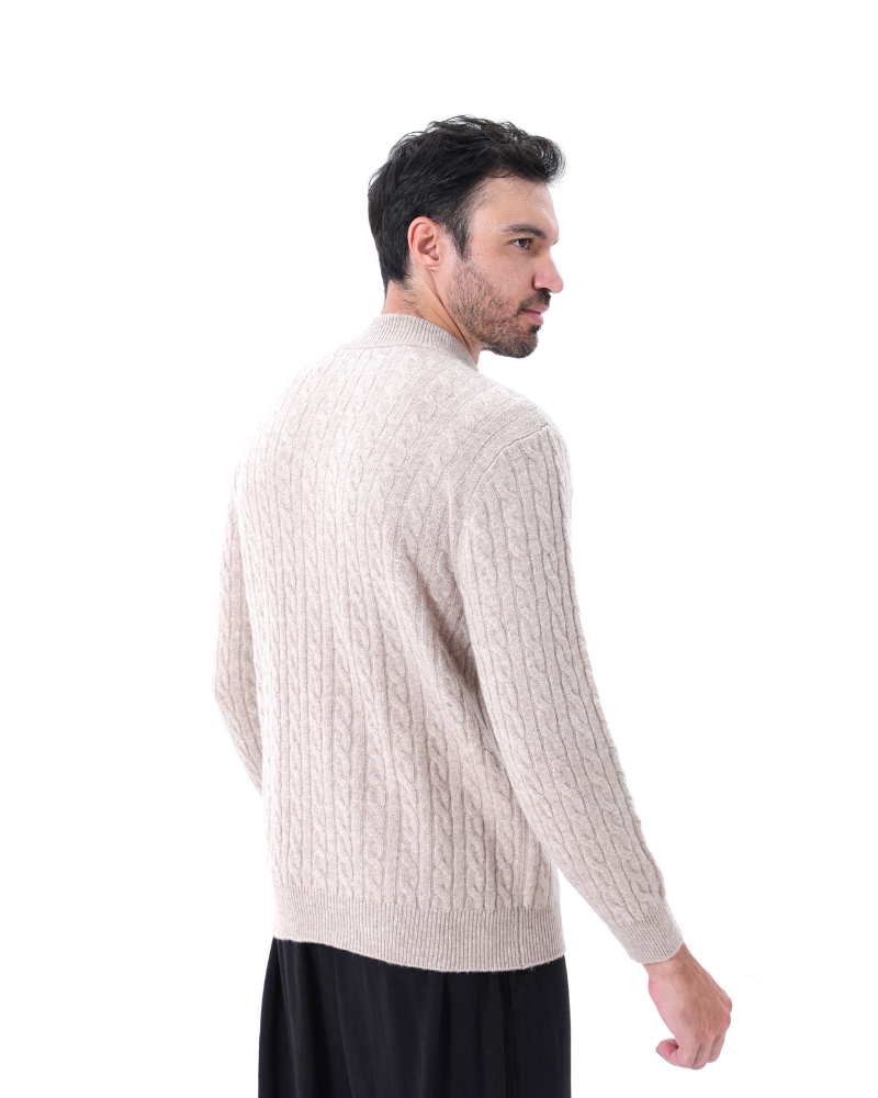 Roman | Suéter de punto grueso para hombres de cachemira con patrón de trenzado y cuello con media cremallera