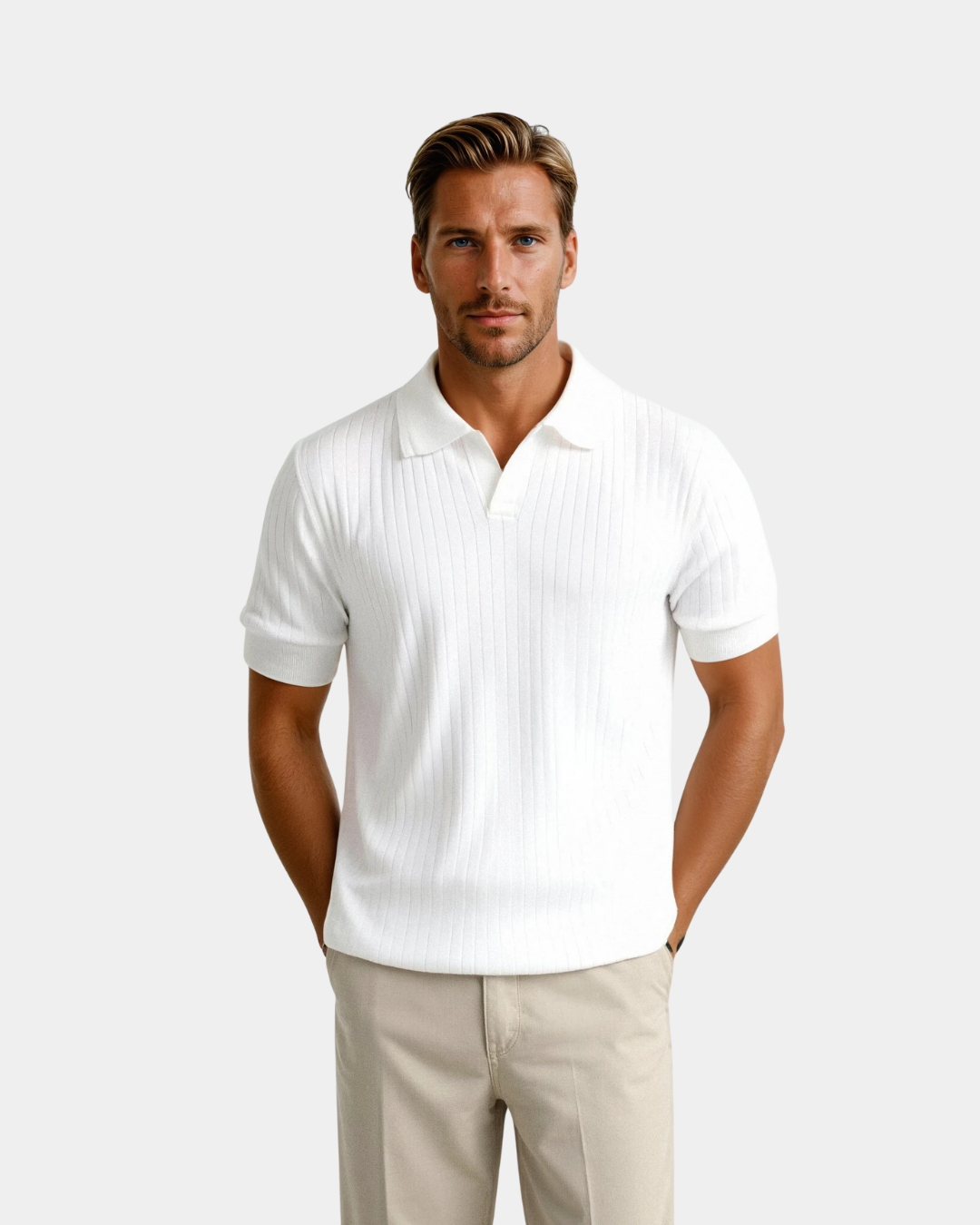 Camiseta Polo para Hombre de Punto Acanalado – Cuello Abierto, Ajuste Slim