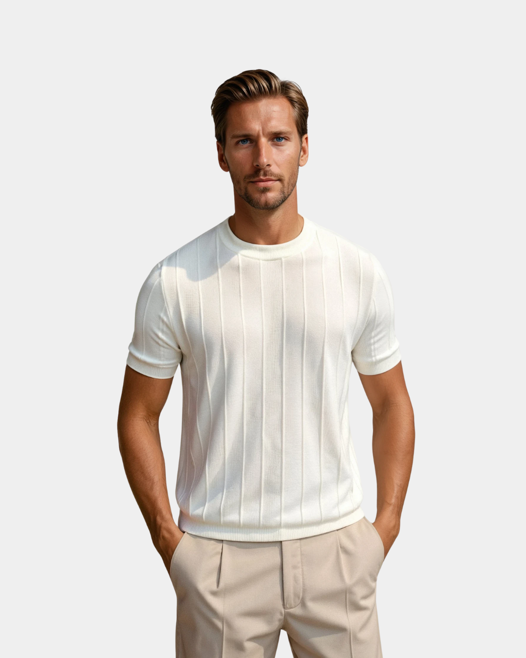 Camiseta de punto para hombre con estructura de canalé vertical – Prenda ligera para el verano