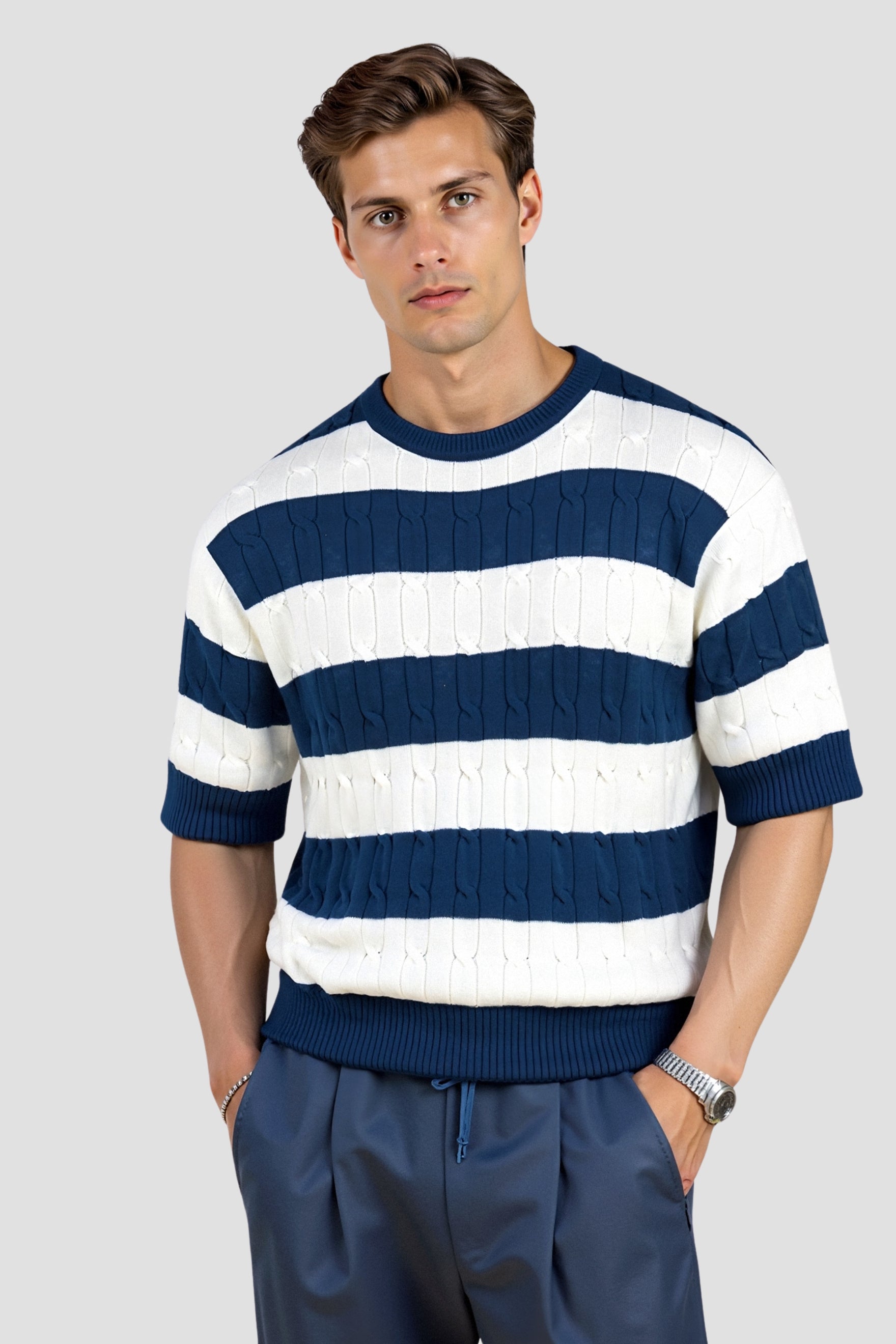 Suéter a rayas para hombre con mangas cortas – Elegante y Cómodo