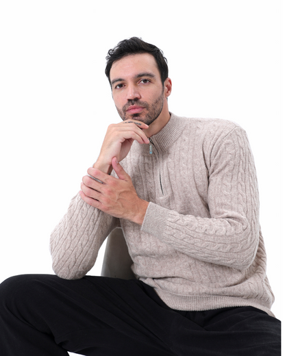 Roman | Suéter de punto grueso para hombres de cachemira con patrón de trenzado y cuello con media cremallera