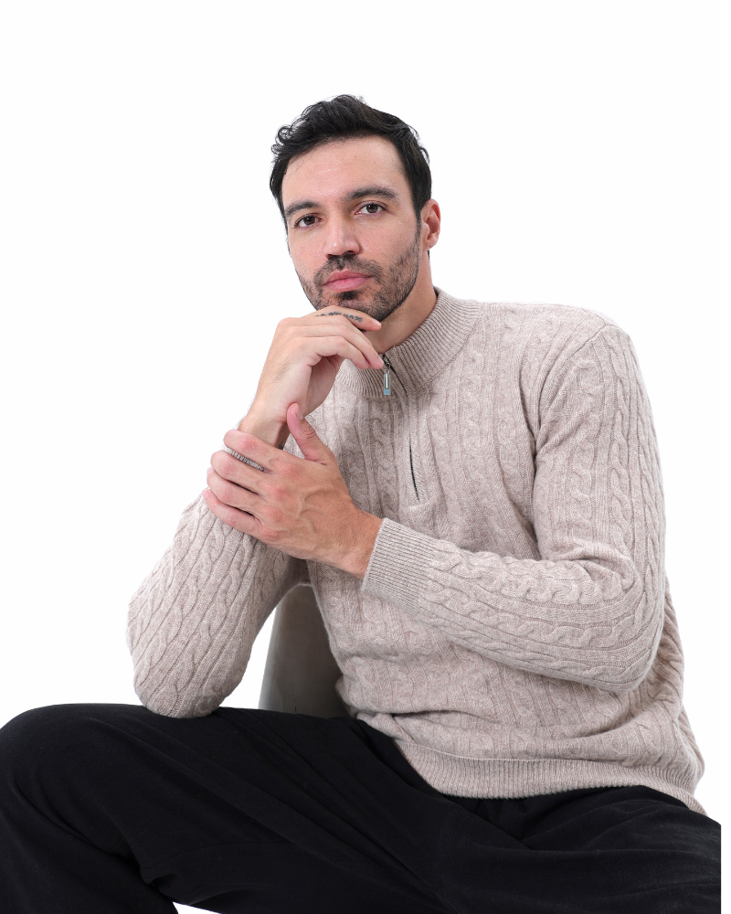 Roman | Suéter de punto grueso para hombres de cachemira con patrón de trenzado y cuello con media cremallera