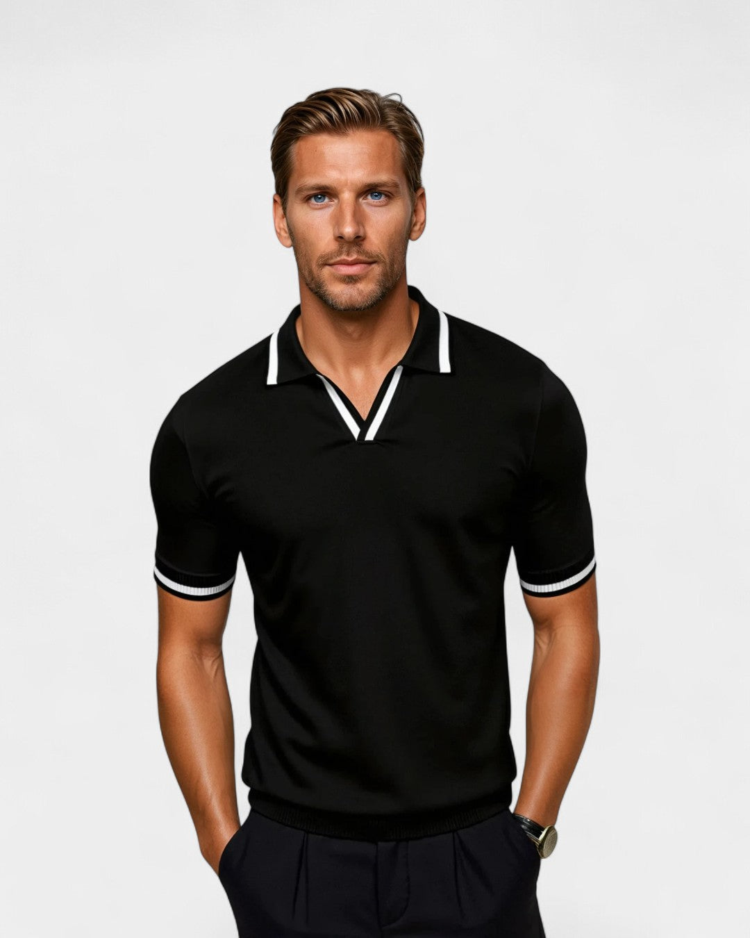 Polo de punto para hombre con acabados en contraste – Cuello abierto