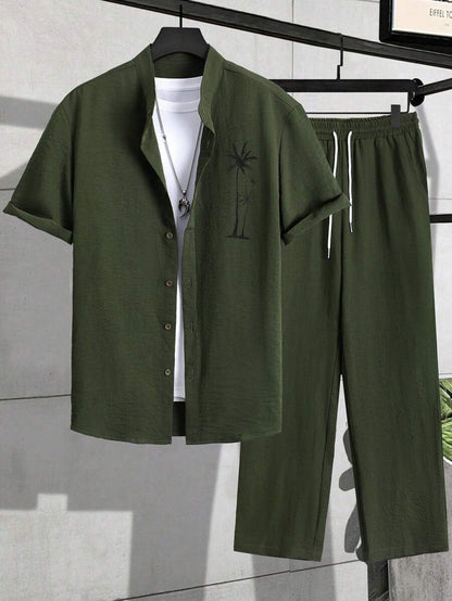 Conjunto Resort para Hombre con Bordado de Palmeras | Camisa & Pantalón Largo