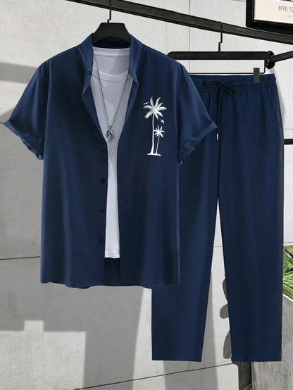 Conjunto Resort para Hombre con Bordado de Palmeras | Camisa & Pantalón Largo
