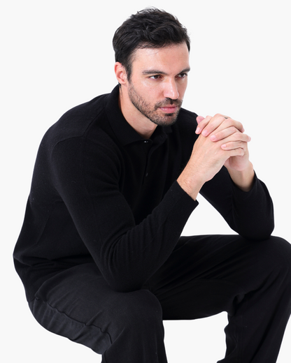 Kayden | Conjunto Todo Negro con Polo de Manga Larga, Pantalones y Mocasines de Ante