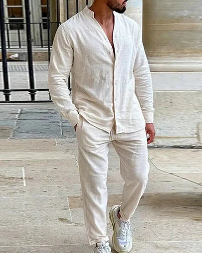 Conjunto de lino casual para hombre | Camisa con cuello mao y pantalón