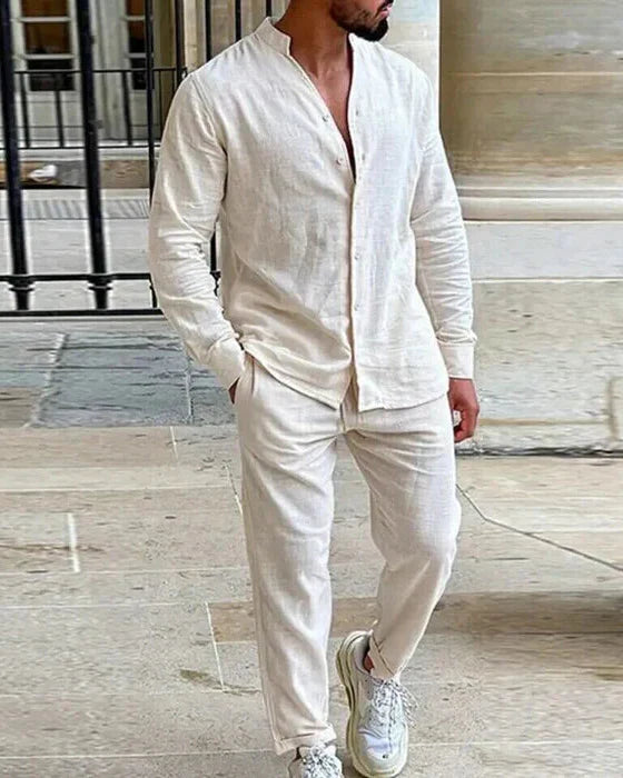 Conjunto de lino casual para hombre | Camisa con cuello mao y pantalón