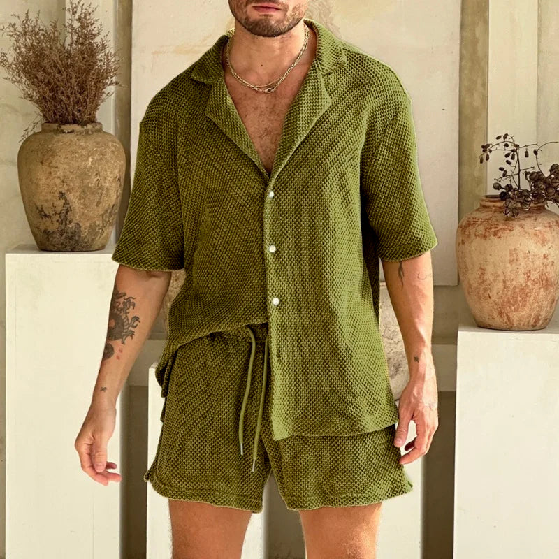 Conjunto informal para hombres de punto waffle | Camisa y pantalones cortos