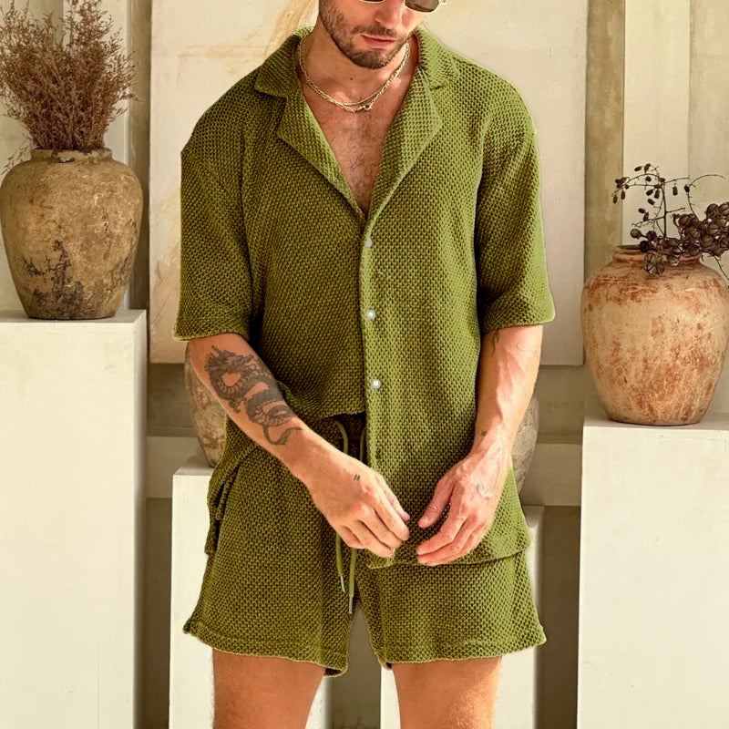 Conjunto informal para hombres de punto waffle | Camisa y pantalones cortos