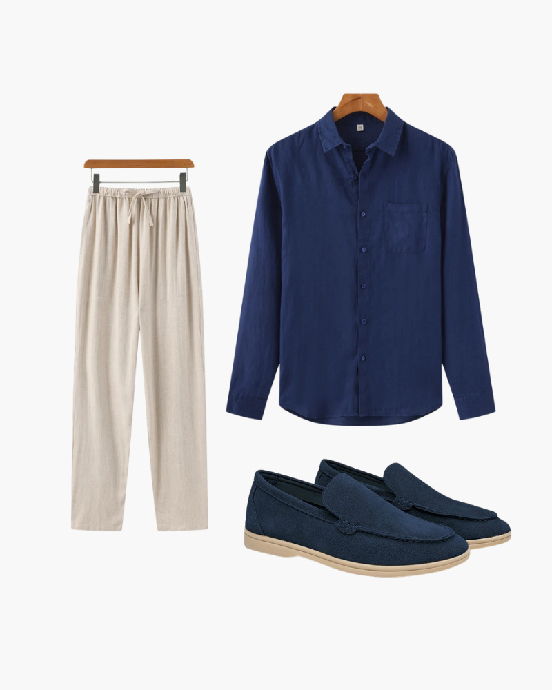 Nicholas | Conjunto de verano de Old Money de 3 piezas con camisa de lino, pantalón y mocasines de ante