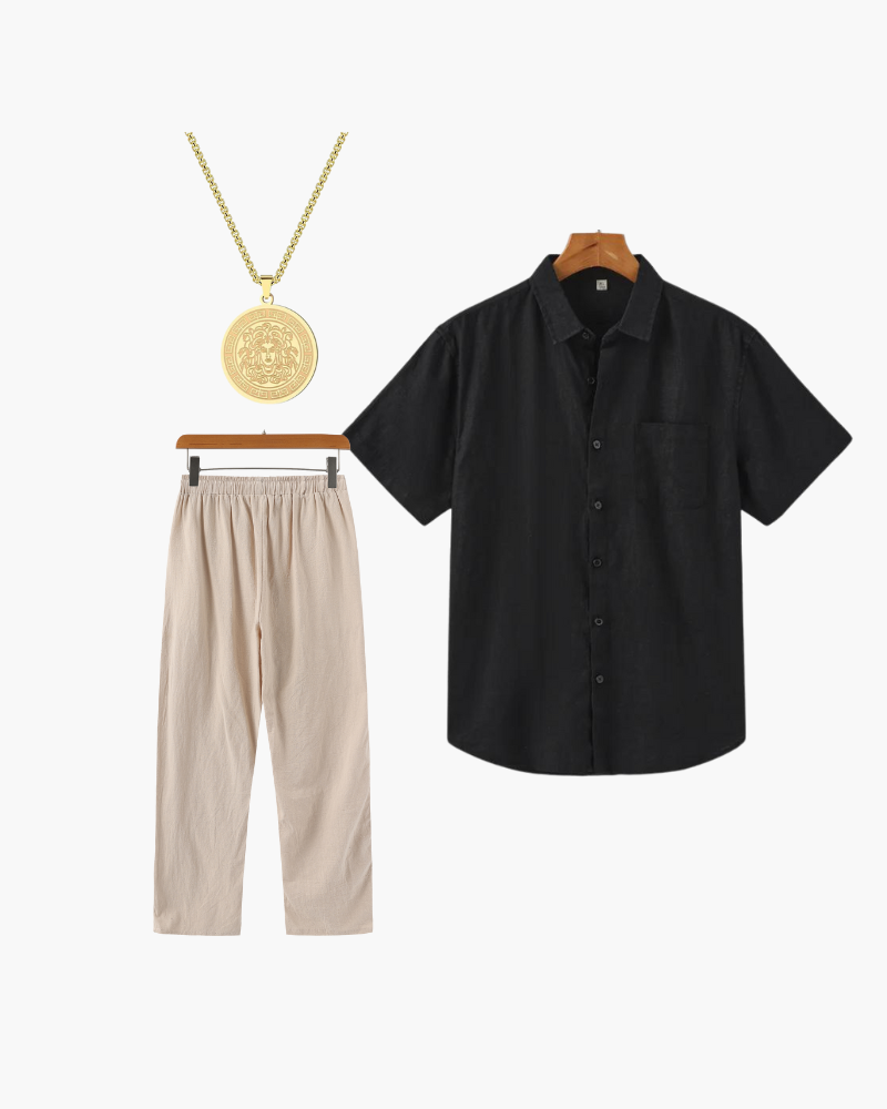Adam | Conjunto de verano de 3 piezas con camisa de manga corta, pantalones de lino y cadena dorada