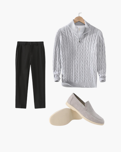 Amir | Conjunto de 3 piezas con suéter de trenzas, pantalón y mocasines