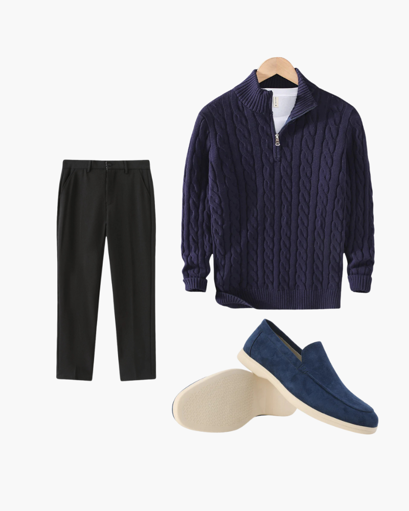 Carson | Suéter de punto trenzado azul marino, conjunto de 3 piezas con pantalón y mocasines de ante