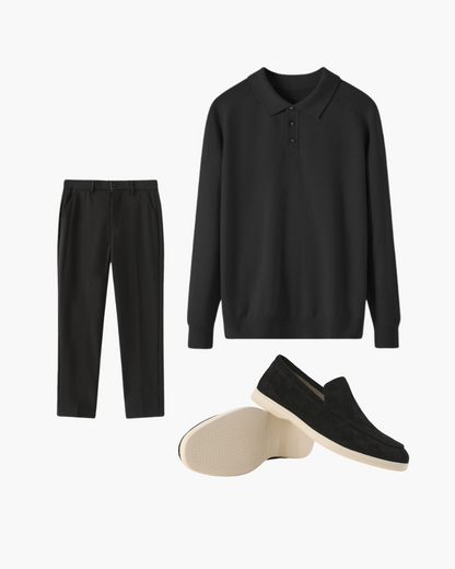 Kayden | Conjunto Todo Negro con Polo de Manga Larga, Pantalones y Mocasines de Ante