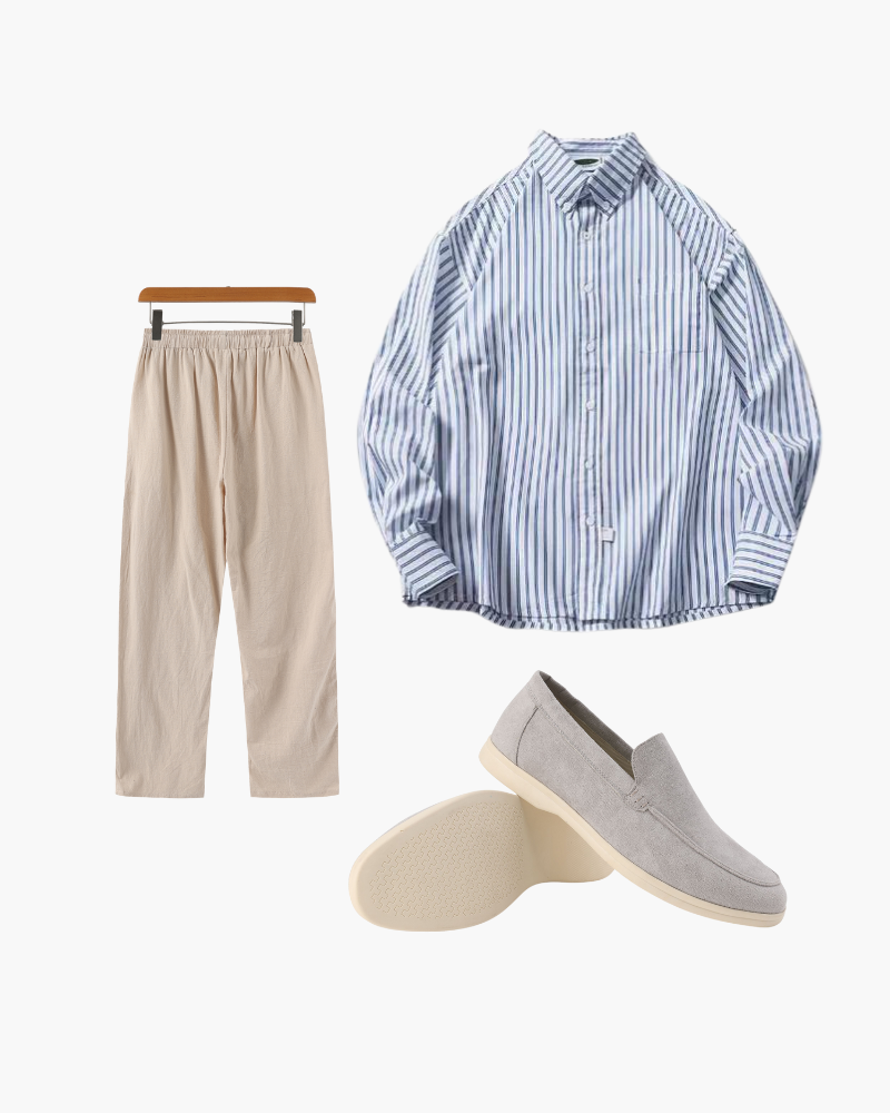 Xavier | Conjunto de verano de 3 piezas con camisa a rayas, pantalones de lino y mocasines