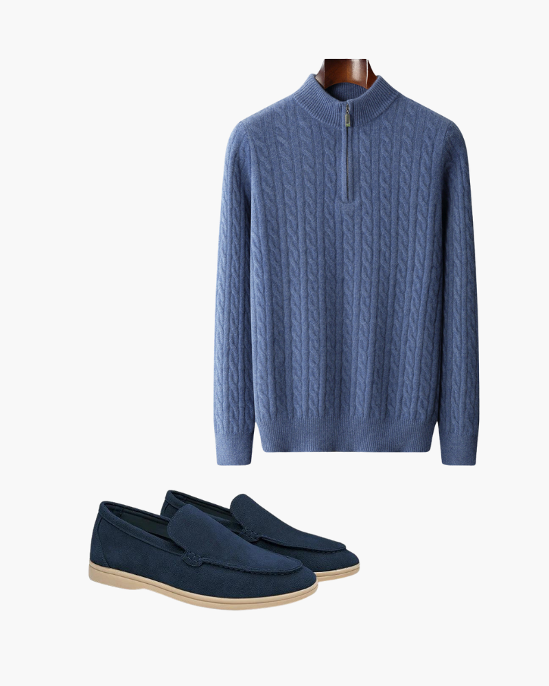 Damian | Suéter de trenzas azul y mocasines de ante, conjunto de 2 piezas