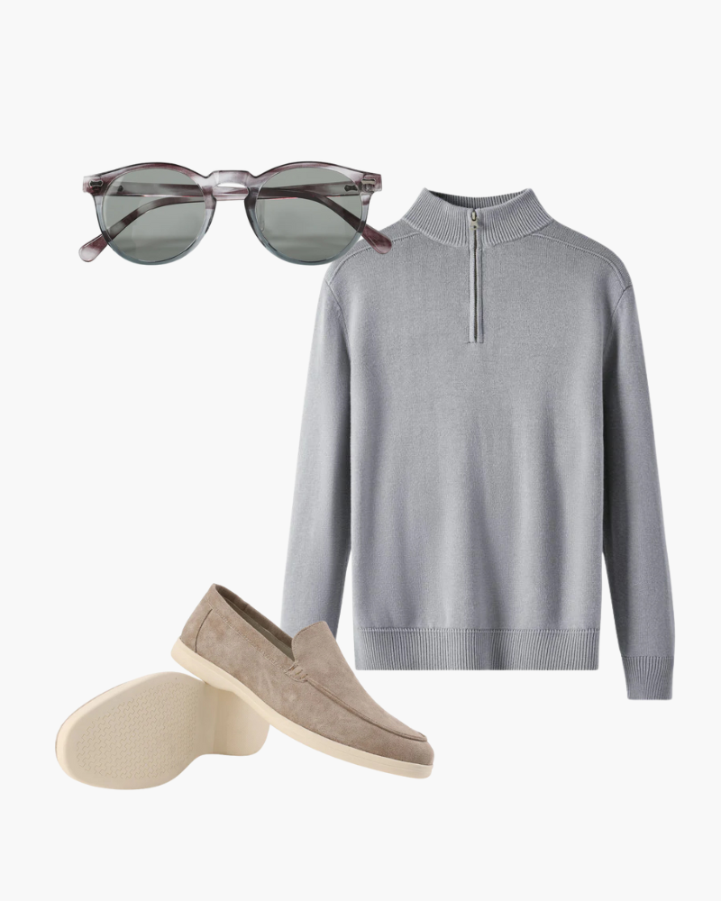 Dominic | Lässig Conjunto de 3 piezas con Suéter de Media Cremallera, Mocasines y Gafas de Sol Redondas