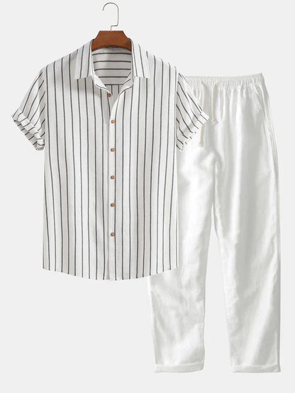 Conjunto de Verano Elegante para Hombre | Camisa Rayada & Pantalones de Mezcla de Lino