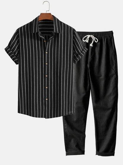 Conjunto de Verano Elegante para Hombre | Camisa Rayada & Pantalones de Mezcla de Lino
