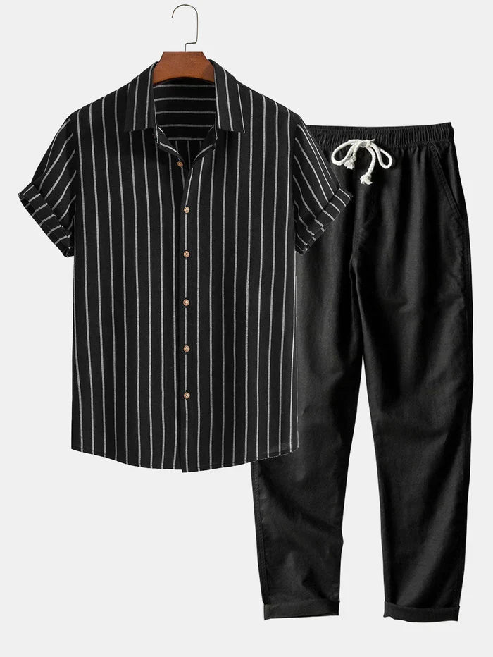 Conjunto de Verano Elegante para Hombre | Camisa Rayada & Pantalones de Mezcla de Lino