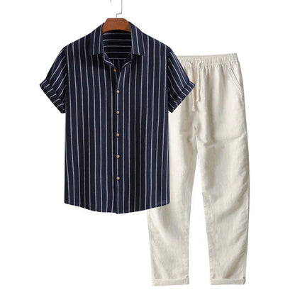 Conjunto de Verano Elegante para Hombre | Camisa Rayada & Pantalones de Mezcla de Lino