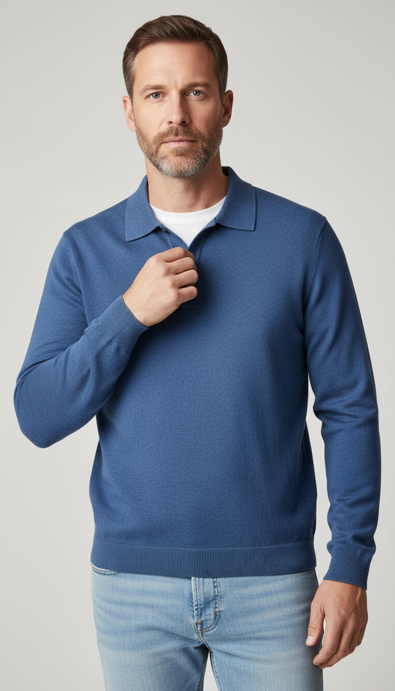 Andrew Wool Blend Fine Knit Polo Neck Button Placket Sweater Limited