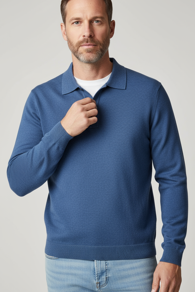 Andrew Wool Blend Fine Knit Polo Neck Button Placket Sweater Limited