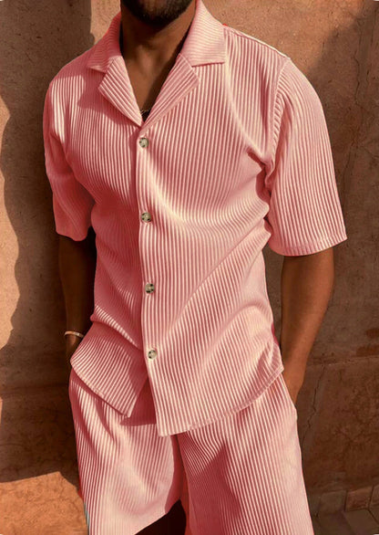 Conjunto de Verano para Hombre – Camisa de Manga Corta y Pantalones Cortos con Diseño de Rayas Moderno