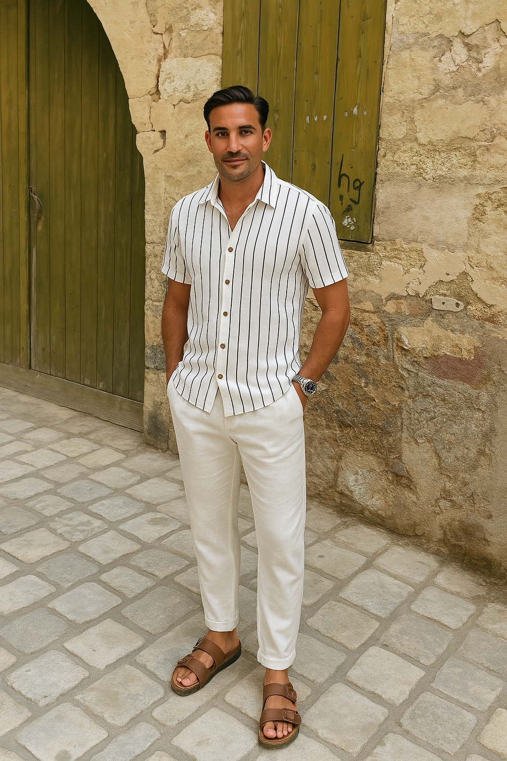 Conjunto de Verano Elegante para Hombre | Camisa Rayada & Pantalones de Mezcla de Lino