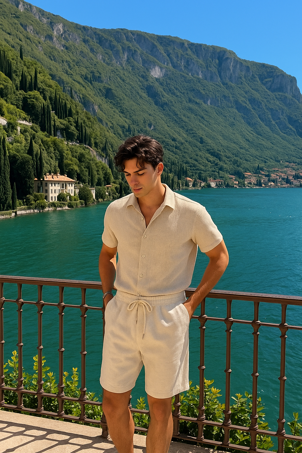 Elegantes conjunto de punto para hombres en apariencia de canalé fino | Camisa y pantalones cortos